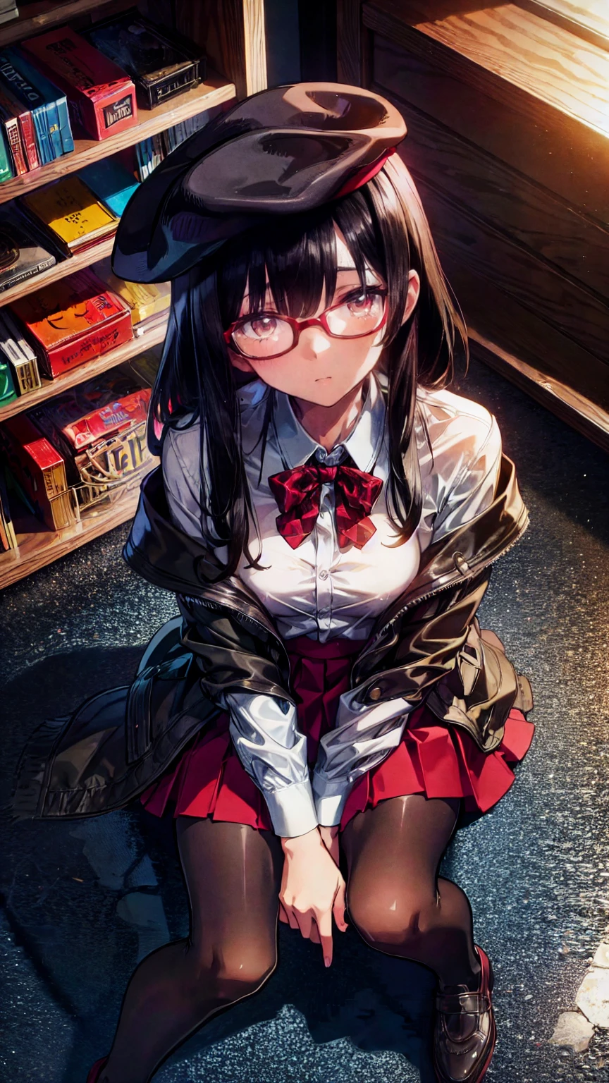 an anime girl with Glasses and a  skirt sits on ground and poses,  one girl, Alone,  skirt,  b's ul gem ,  shirt, white  shirt,  pantyhose , red eyes, Glasses,  black hair, shoes, red  skirt, Check pattern  skirt, beret,  watch viewers , open clothes, Check pattern, collared  shirt, ,  Long Sleeve , Shut up,  is sitting, black  pantyhose , indoor, bangs,  Shorthair, Brown hat,  Black Eyewear,  brown jacket,  off-shoulder ,Add XL