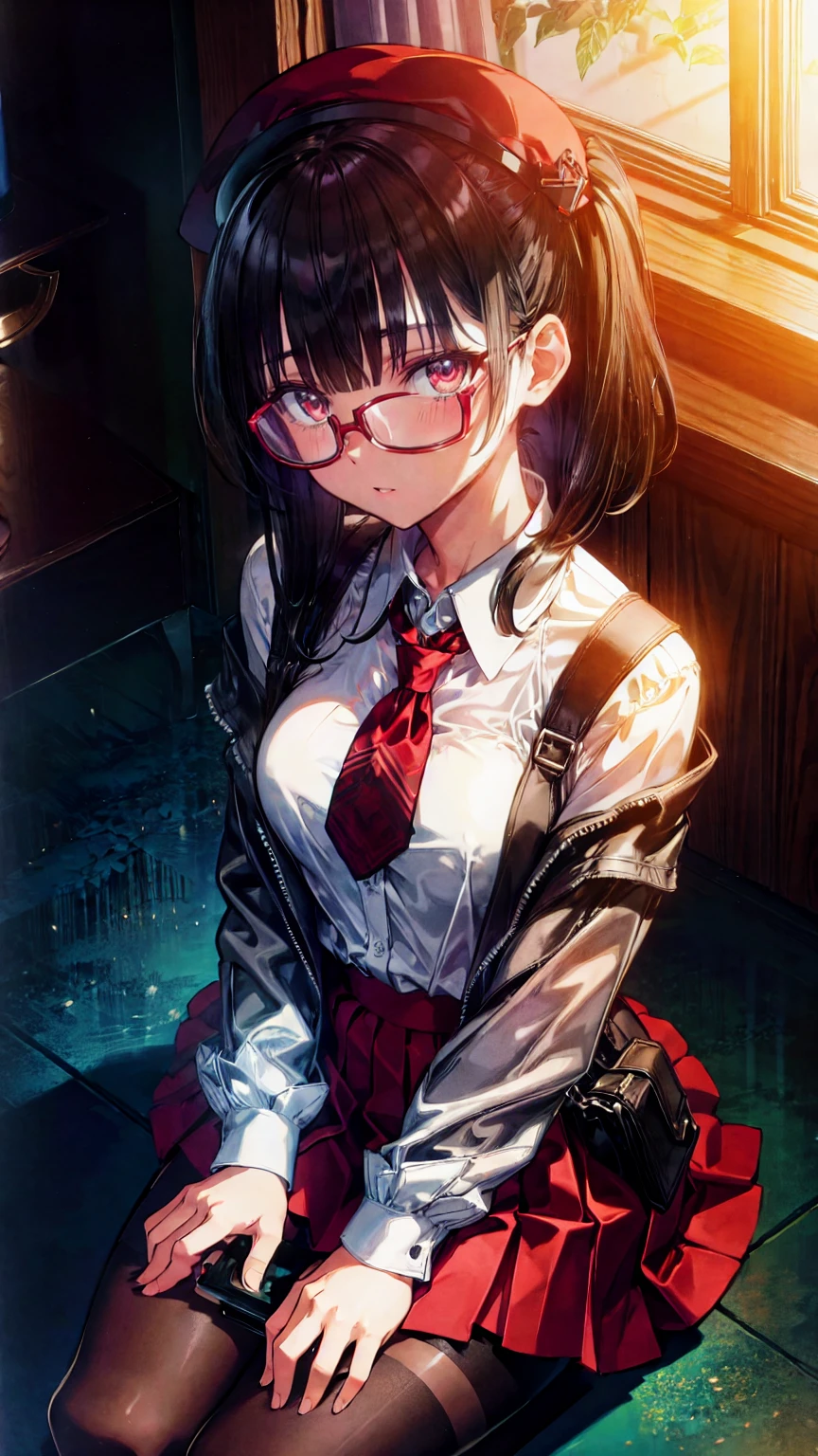 an anime girl with Glasses and a  skirt sits on ground and poses,  one girl, Alone,  skirt,  b's ul gem ,  shirt, white  shirt,  pantyhose , red eyes, Glasses,  black hair, shoes, red  skirt, Check pattern  skirt, beret,  watch viewers , open clothes, Check pattern, collared  shirt, ,  Long Sleeve , Shut up,  is sitting, black  pantyhose , indoor, bangs,  Shorthair, Brown hat,  Black Eyewear,  brown jacket,  off-shoulder ,Add XL