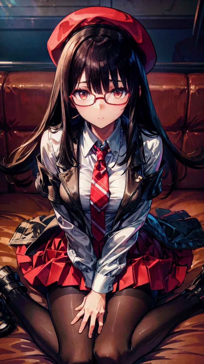 an anime girl with Glasses and a  skirt sits on ground and poses,  one girl, Alone,  skirt,  b's ul gem ,  shirt, white  shirt,  pantyhose , red eyes, Glasses,  black hair, shoes, red  skirt, Check pattern  skirt, beret,  watch viewers , open clothes, Check pattern, collared  shirt, ,  Long Sleeve , Shut up,  is sitting, black  pantyhose , indoor, bangs,  Shorthair, Brown hat,  Black Eyewear,  brown jacket,  off-shoulder ,Add XL