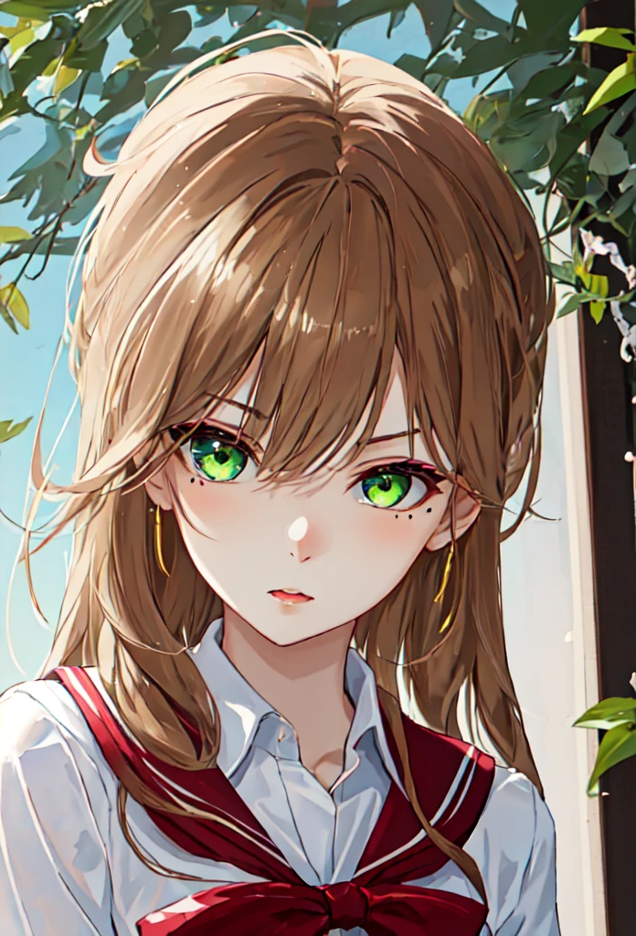 one girl, long brown hair, warm pale skin, light makeup, light green eyes, wearing a school uniform. serious look on her face, eyes sharp almond shape, mole under her left eye, (closed mouth)