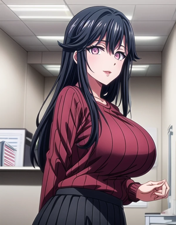 Saori_car ,long hair,Saori_car ,black hair,(Pink Eyes),A delicate smile,hair between eyes,lipstick,lips,(Sparkling red ribbed sweater:1.1),Sparkling black skirt,( Big Breasts :1.55),(Sparkling,hair),((Alone)),((masterpiece)),((  best quality)),perfect anatomy,  Slim Waist  , Perfect photo,  8K HD Streaming ,(  beautiful detailed eyes:1.5),  detailed face in pale blue underwear putting hands on the viewer's forehead,  standing ,(  upper body:1.25),(  front desk at the small clinic :1.5),  Hand Bound to Back  ,  super detailed,  absurd,ultra-highres,  office room,indoor,Make viewers eat sweets