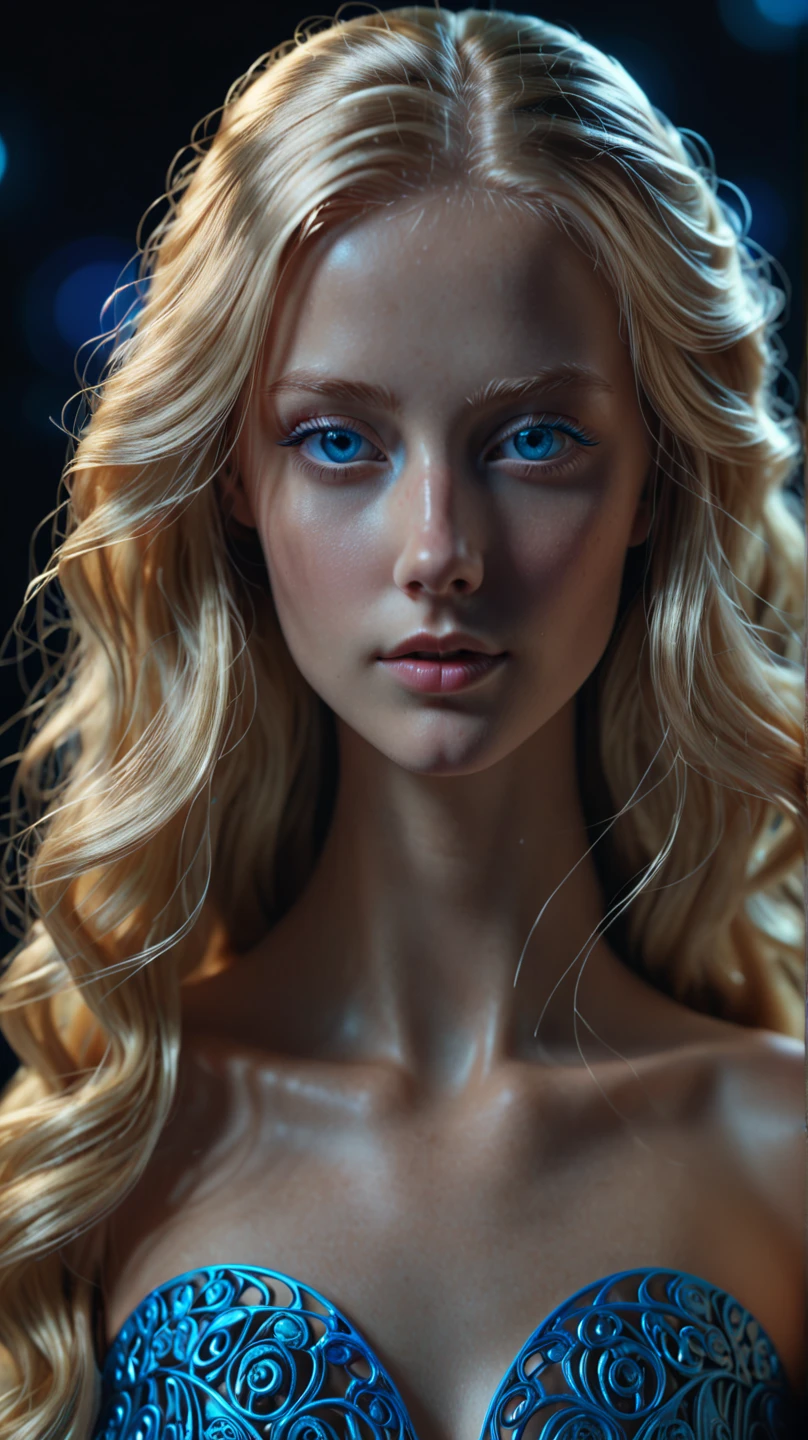 a young woman with long blonde hair and an extremely detailed face, large blue eyes , small, Auroracore, Modern Art, lower body shot, Octane rendering, 100mm, Sculpture, autochrome colors, Metalheart, subsurface scattering lighting, Super detailed, photorealistic, food photography, Cycles render, 4k --ar 9:16