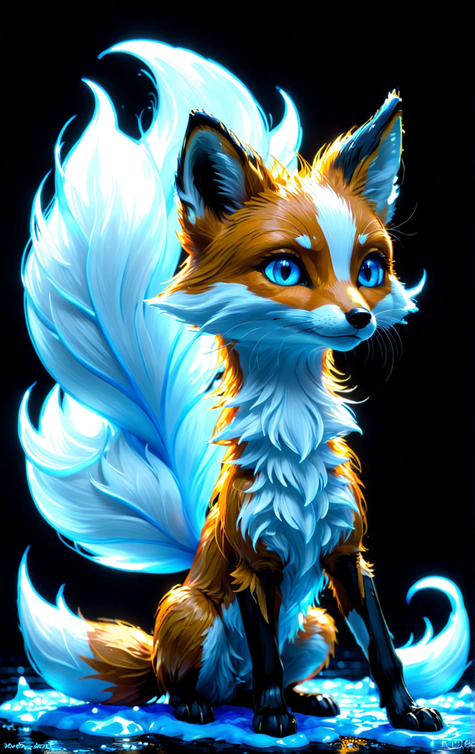 Glowing Little Fox ， 1 animal . ( Digital Art of a Little Fox drawn with pale blue paint that responds to black light: 1.3, 3d, Octane rendering, black glowing background ),  UV Black Light : 1.3,  bright ,  neon color : 1.3,  Little Fox's Glowing Eyes ,   knight , Dark atmosphere,  Waterfront , moon,  Detailed Little Fox ，, Dark fantasy,  intricate detail dealing with 3 tentacles