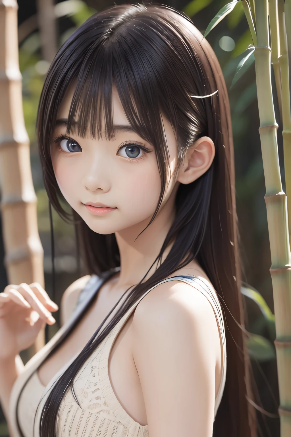 One girl　Russian　Flat Chest　Small Boobs　Mountain　blue sky　forest　Gravure pose　Young face　Completely naked　Firm Skin　Beauty　high resolution　High precision　Black hair with pink inner color　　Detailed skin　16 years old　blue eyes　Detailed face　　whole body　smile　Bobcut
