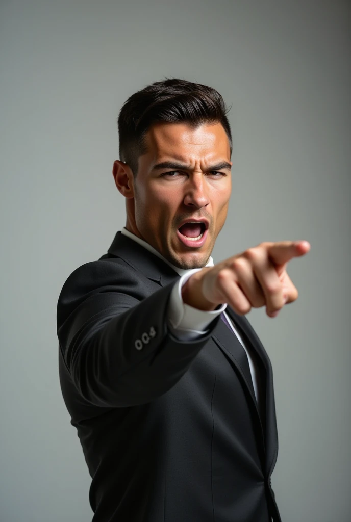 Ronaldo with a small head, in a suit looking angry and shouting at the viewer. pointing at the viewer