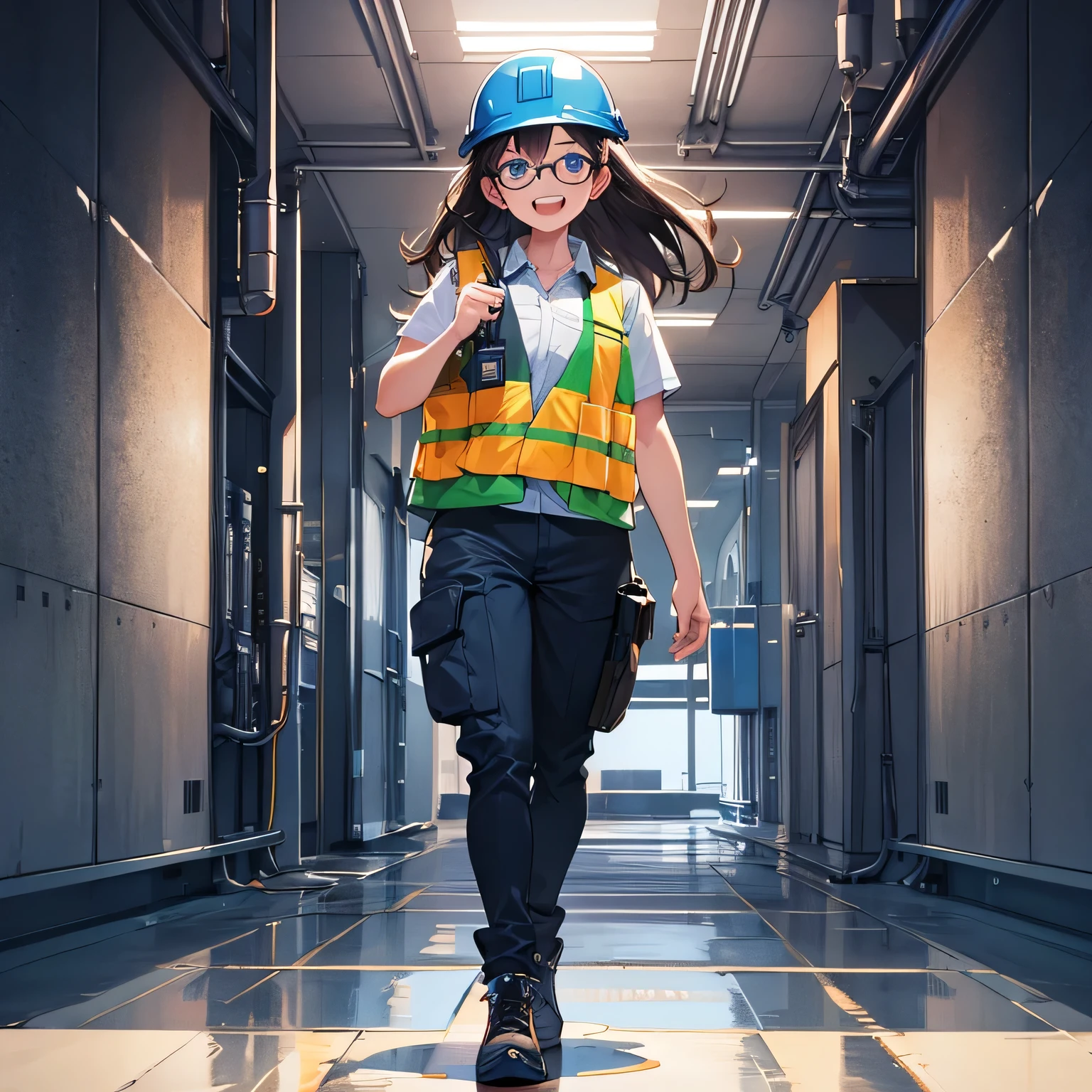 Best picture quality, top quality, 1080p, 8K, masterpiece, top notch, perfect face, high definition, one of a kind, full body, glossy, reflection, work clothes, toned body, familiar, construction site, metal, protective clothing, helmet, safety vest, safety culture, industrial fashion, dark brown long hair, glasses, blue neck strap, rectangle with clear case employee ID, open mouth, cute big smile