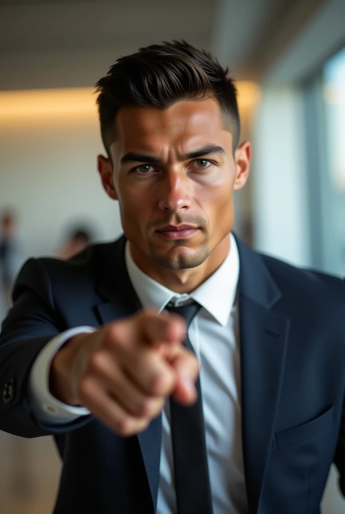 Ronaldo with a small head, in a suit looking angry and shouting at the viewer. pointing at the viewer. in a boardroom.