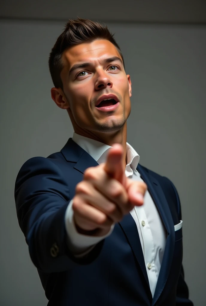 Ronaldo with a small head, in a suit yelling at the viewer. pointing at the viewer. in a boardroom.