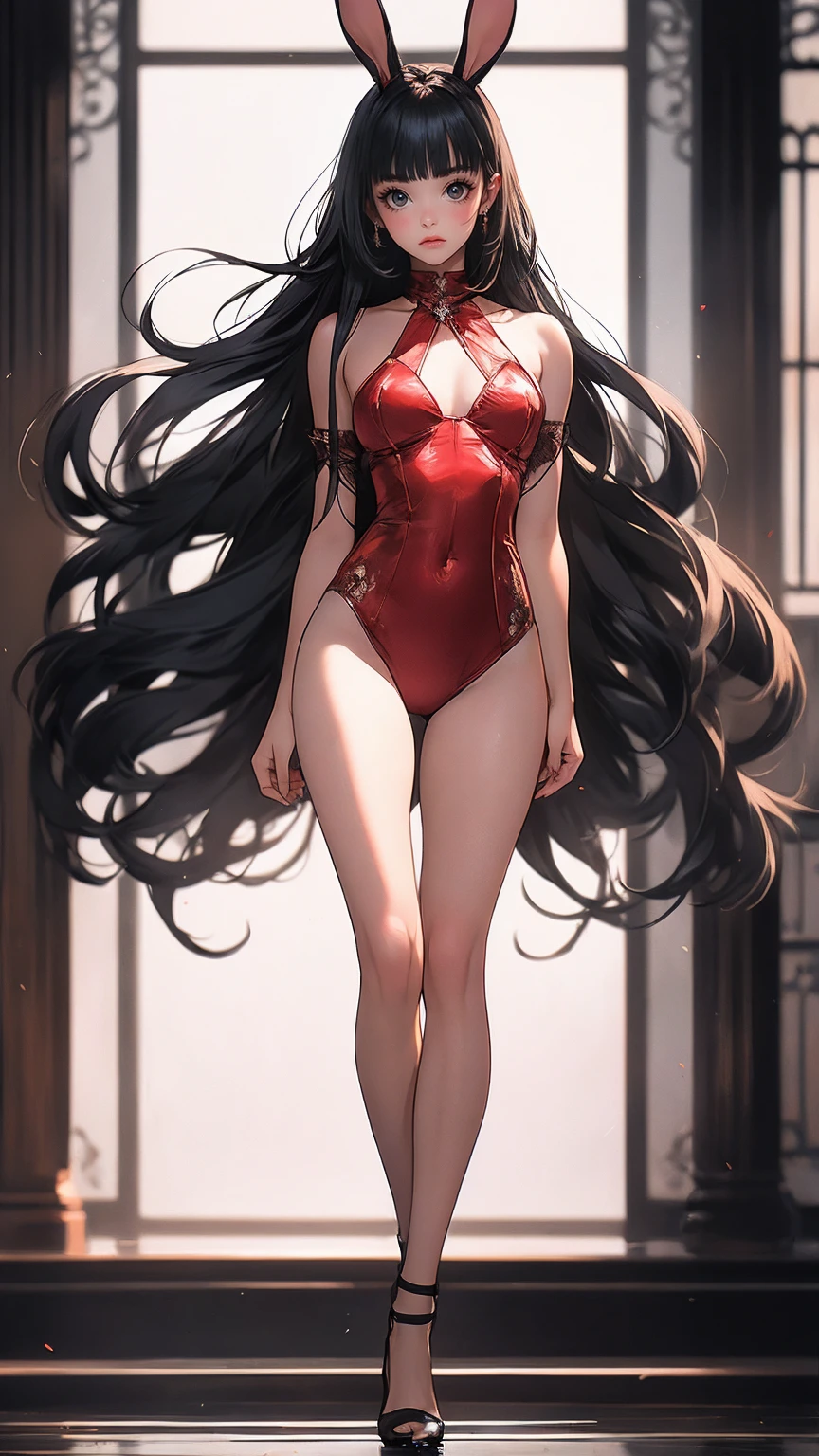 ( best quality:1.2)、(masterpiece:1.2), ( High Quality:1.2), Nipples、 see-through clothes、 (( bunny girl:1.2)), (Black straight long hair:1.3), squat、 open legs, ( Long Thin Legs , shoes:1.2), ( detailed face :1.3)、The whole face becomes red,  big, rich breasts , (Blunt Bangs:1.2),  side bust 、 underbust 、Walking through the mansion&#39;corridor、 Play、 simple background