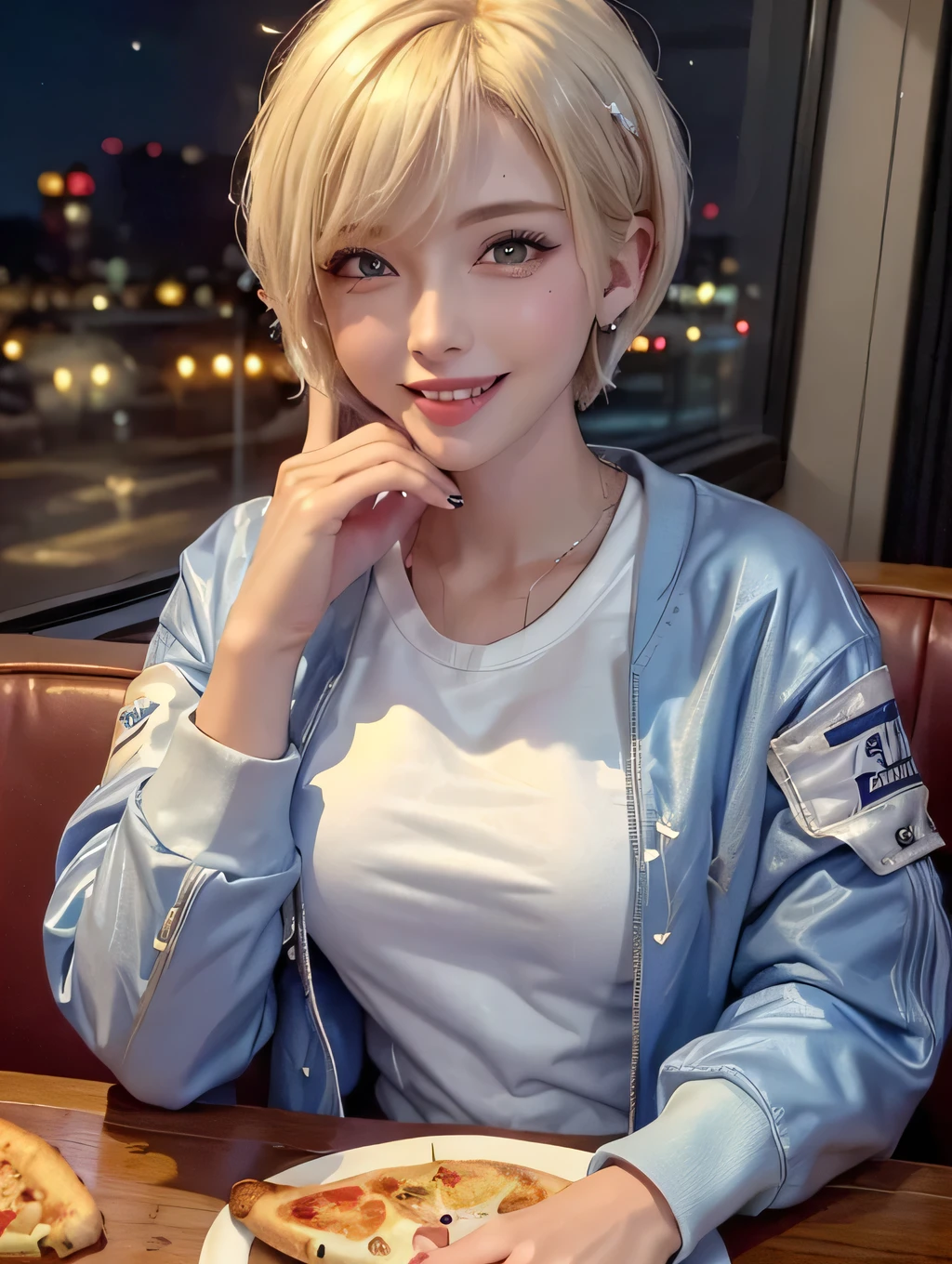 {masterpiece}, (1woman), (pov), (portrait), ((close up)), (sitting across the table), (American diner), (cocktail light), (in the night), (pizza on the table), 20years old, ((blonde hair, short hair)), (big smile), ((blue bomber jacket)), ((white sweat shirt)), ((blue jogger pants)), ((costume focus)), Korean
