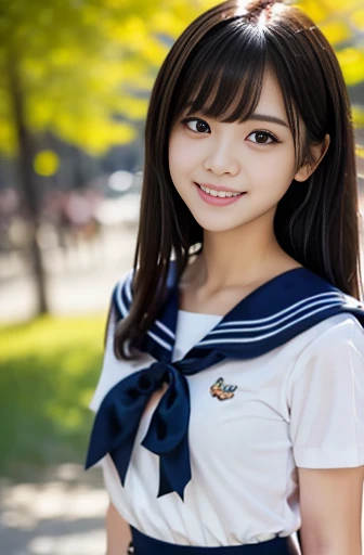  Close up of a woman posing for a photo shoot,  The most beautiful Japanese models,   Female Model ,  4K、bangs、 straight black hair、( white shirt,   sailor school uniform ,  dark blue pleated skirt :1.2),　( idol style super cute face:1.4),  upper body, Slim and beautiful figure ,  sexy,  beautiful breasts, smile, The background is a park with beautiful autumn leaves , ( RAW Photos,  best quality, masterpiece,   super detailed ,  ultra high resolution, Realistic), 