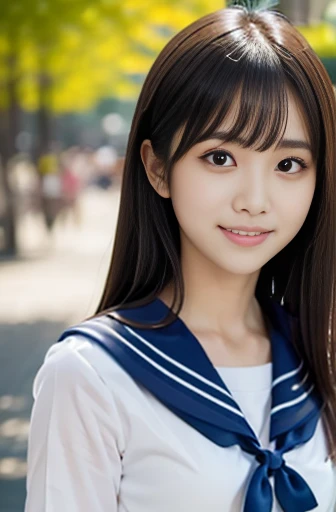  Close up of a woman posing for a photo shoot,  The most beautiful Japanese models,   Female Model ,  4K、bangs、 straight black hair、( white shirt,   sailor school uniform ,  dark blue pleated skirt :1.2),　( idol style super cute face:1.4),  upper body, Slim and beautiful figure ,  sexy,  beautiful breasts, smile, The background is a park with beautiful autumn leaves , ( RAW Photos,  best quality, masterpiece,   super detailed ,  ultra high resolution, Realistic), 