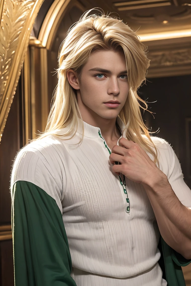 Man 25 years old 1,85 tall, blonde hair with braids, wears torn pants tied at the waist, does not wear a shirt, wears a very thick beaded necklace in his hands, carries a book with ornaments, has a gray eye and another purple eye, several rune tattoos spread across his body, all of which shine in a light shade of lilac