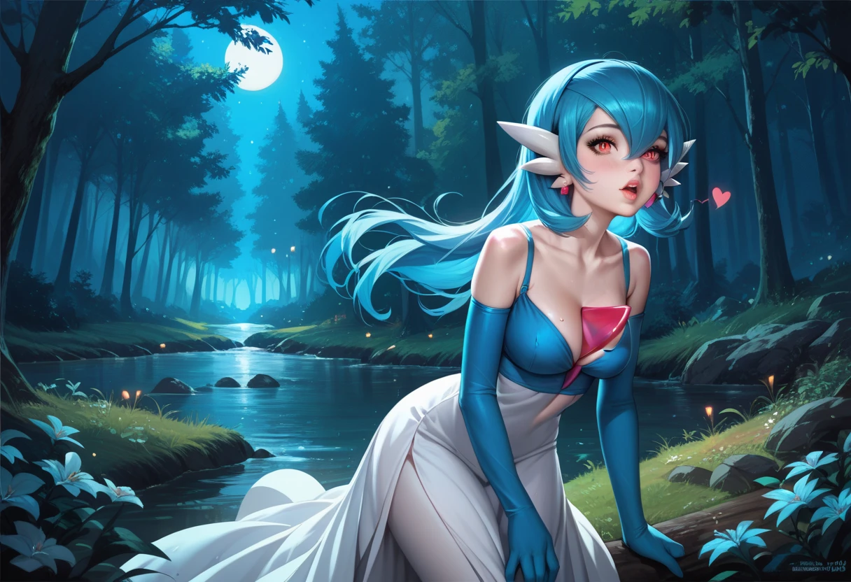 Illustration, realistic proportions, High detail, best quality, Gardevoir, blue hair, blue dress, long hair, blowing a kiss, forest, night