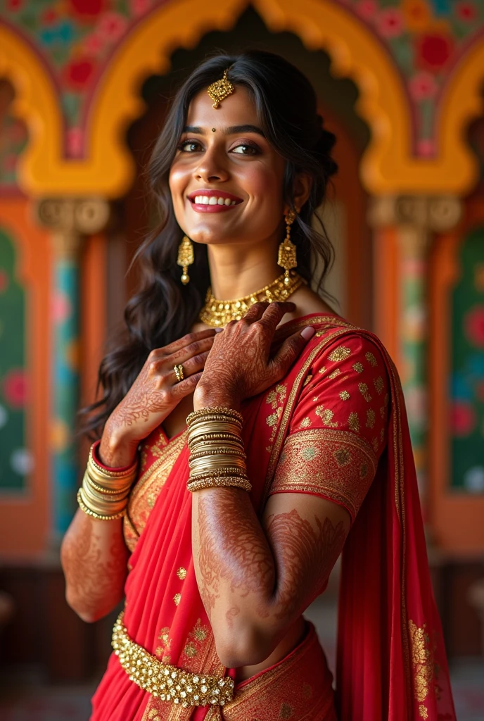 beautiful woman opening  apartment door,wearing red sari,golden jewelries,applay sindoor at the beginning or completely along the parting-line of a woman's hair,smiling to a masculer man,wearing salwar Taqiyah on head ,hairy body,watching womans body