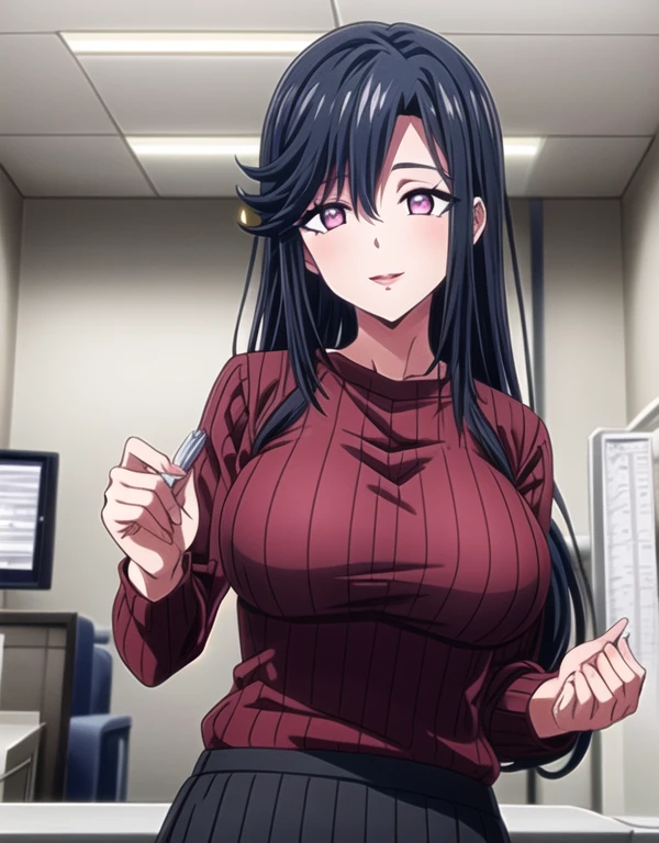 Saori ,long hair,Saori,black hair,(Pink Eyes),A delicate smile,hair between eyes,lipstick,lips,(Sparkling red ribbed sweater:1.1),Sparkling black skirt,( Big Breasts :1.55),(Sparkling,hair),((Alone)),((masterpiece)),((  best quality)),perfect anatomy,  Slim Waist  , Perfect photo,  8K HD Streaming ,(  beautiful detailed eyes:1.5),  detailed face in pale blue underwear putting hands on the viewer's forehead,  standing ,(  upper body:1.25),(  front desk at the small clinic :1.5),  super detailed,  absurd,ultra-highres,  office room,indoor,Make viewers eat sweets