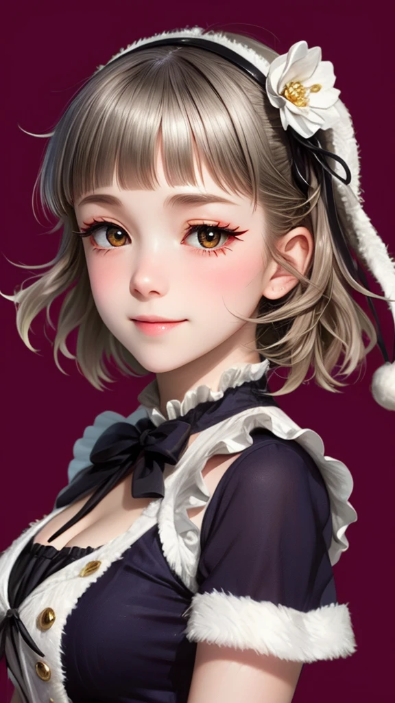 (((solo))), 1 woman, LOVELIVE! Sakuya Kurobane, sakuyaunif, kurobane_sakuya, short hair, grey hair, black hairband, blue hair flower, brown eyes, red eyeliner, chest, blush, smile, (upper body), santa claus