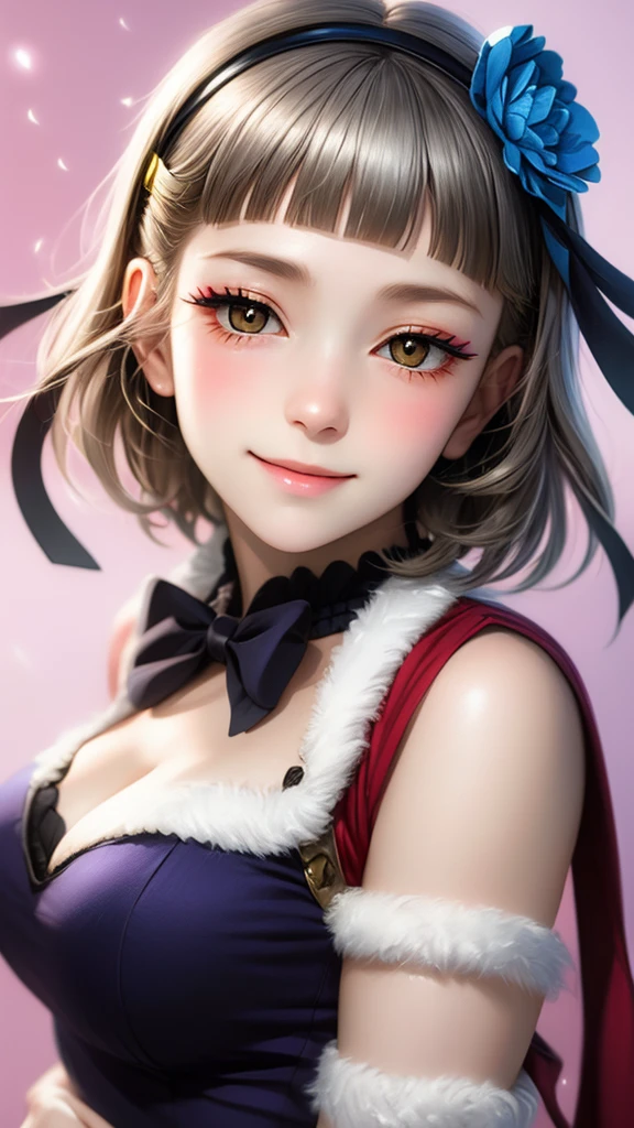 (((solo))), 1 woman, LOVELIVE! Sakuya Kurobane, sakuyaunif, kurobane_sakuya, short hair, grey hair, black hairband, blue hair flower, brown eyes, red eyeliner, chest, blush, smile, (upper body), santa claus