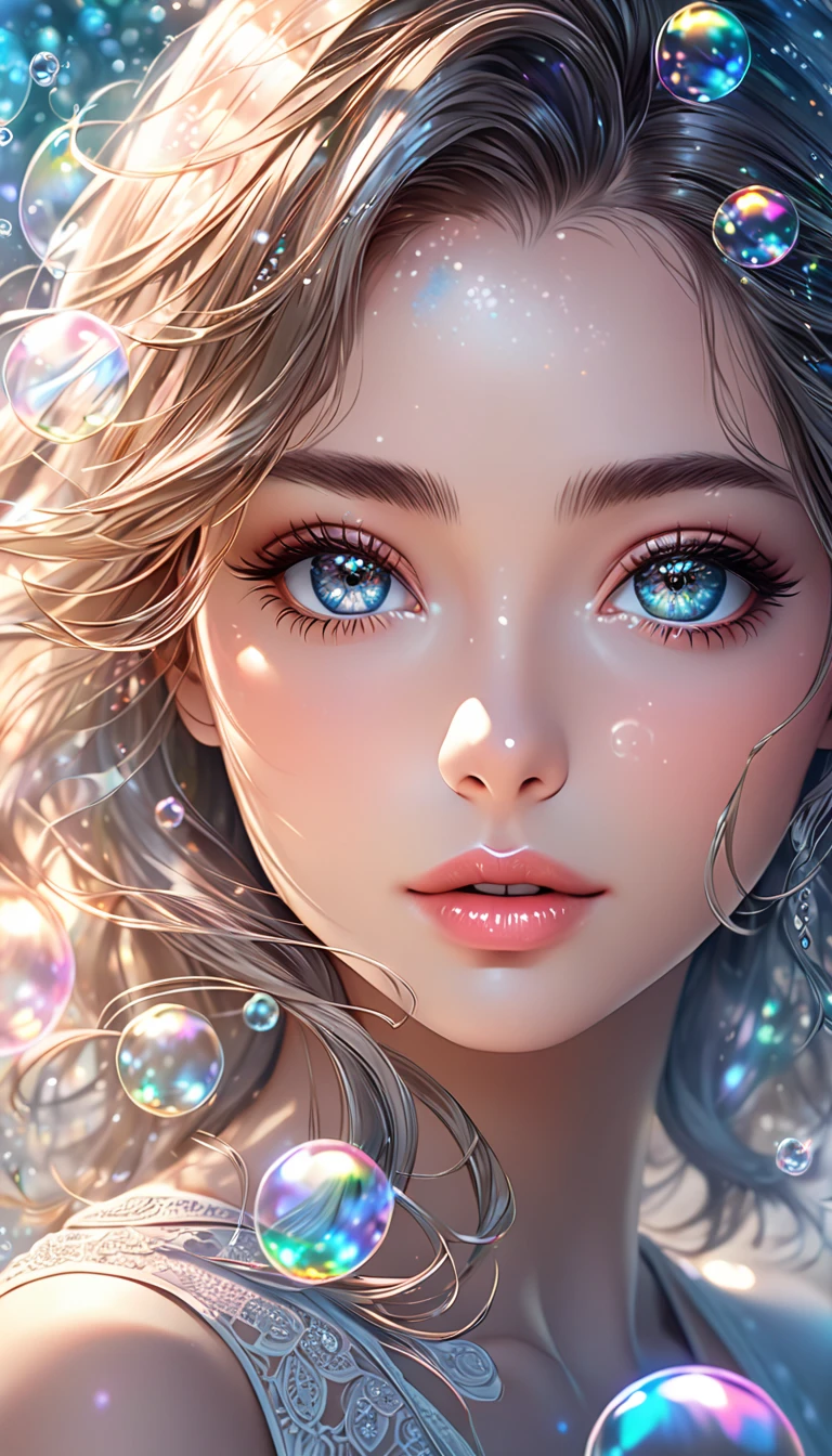  beautiful woman with seductive eyes ,  portrait,  Shading Effects ,  Gradient Magic Effects , Glitter Effect, soap bubble effect ,  misty filter effect, (  super detailed , absolutely resolution,  best quality:1.3), 2.5D, Delicate and dynamic ,  artistic pictures , hyper realistic,  graphic CG digital art , 