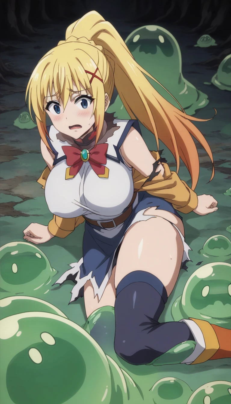 tomoe mami, big breast, blonde hair, drill hair, tentacle leash, skirt lifting, white underwear, choking,strangle, scenery, closed eyes, :o, pain, moaning, wind blow, tentacle around neck, (torn clothes:1.2)