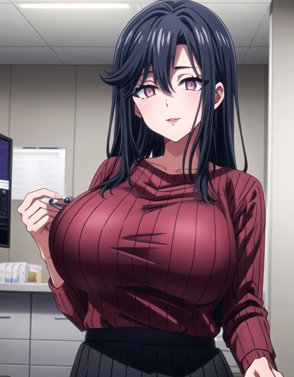 Saori ,long hair,Saori,black hair,(Pink Eyes),A delicate smile,hair between eyes,lipstick,lips,(Sparkling red ribbed sweater:1.1),Sparkling black skirt,( Big Breasts :1.55),(Sparkling,hair),((Alone)),((masterpiece)),((  best quality)),perfect anatomy,  Slim Waist  , Perfect photo,  8K HD Streaming ,(  beautiful detailed eyes:1.5),  detailed face in pale blue underwear putting hands on the viewer's forehead,  standing ,(  upper body:1.25),(  front desk at the small clinic :1.5),  super detailed,  absurd,ultra-highres,  office room,indoor,Pat viewers on the head