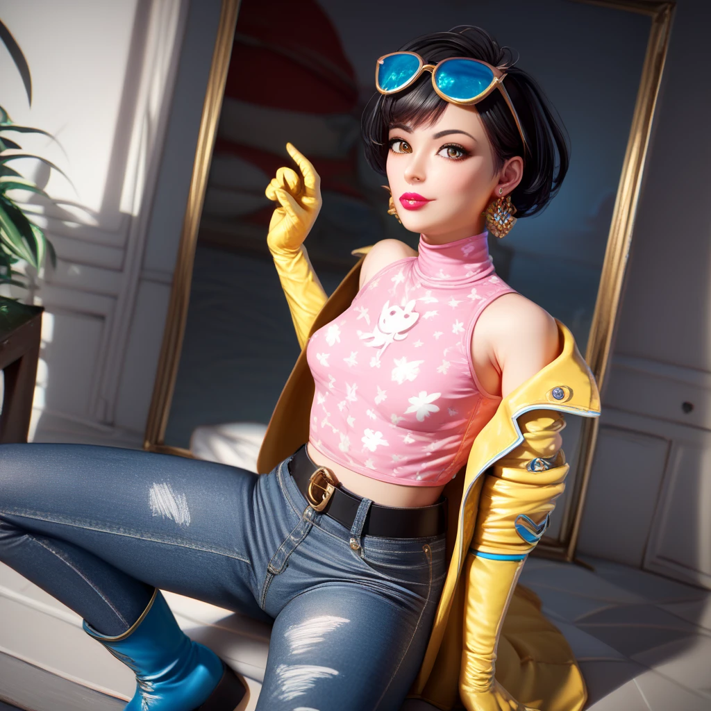 score_9, score_8_up, score_7_up, beautiful, stunning, fantasy, Best quality, 4K picture quality, JubileeXMXL, lipstick, brown eyes, black hair, short hair, eyewear on head, earrings, small breasts, yellow jacket, turtleneck, pink shirt, symbol print, yellow gloves, long gloves, denim pants, black belt, blue boots