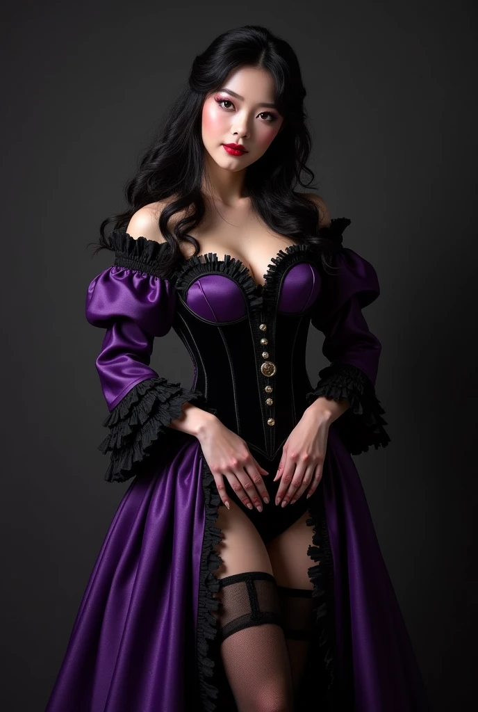 Highest quality,masterpiece,Ultra-high resolution,(Actual:1.4),Original photo,Ultra-high resolution,8k,One Woman,Incredible beauty、Japan great actress、Fair skin,Big wave diamond purple and cool black collaboration dress:1.5,High heels,Ultra-realistic pantyhose, Pantyhose with elegant markings, Long legs:1.5,Bright and beautiful,high waist,Flashy makeup using red eyeshadow,