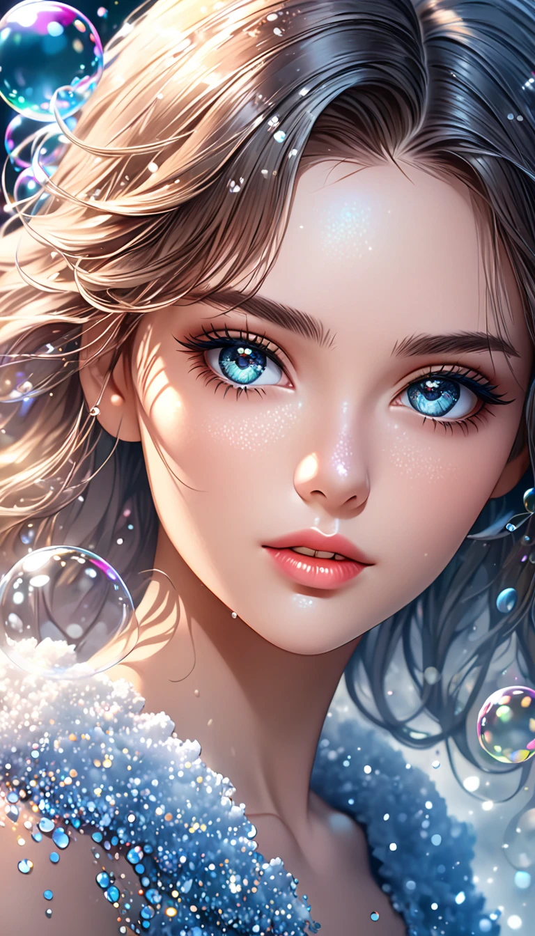  beautiful woman with seductive eyes ,  portrait,  Shading Effects ,  Gradient Magic Effects , Glitter Effect, soap bubble effect ,  misty filter effect, (  super detailed , absolutely resolution,  best quality:1.3), 2.5D, Delicate and dynamic ,  artistic pictures , hyper realistic,  graphic CG digital art , 