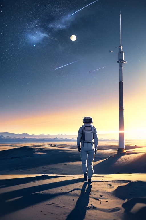  A person wearing a spacesuit is taking a walk on the surface of the moon,You can see the lunar base in the back,You can see the Earth rising beyond the horizon