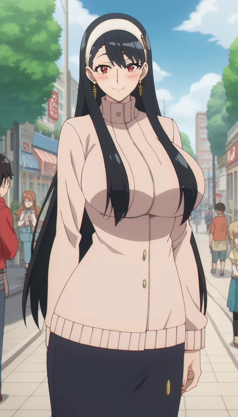 Prompt: (huge gigantic super mega hyper:1.1),(biggest round giant massive :1.1), (only one women), front view, city,sexy poses, source_anime,masterpiece,best quality,highres,absurdres,official art,official style,source_anime,anime screencap,anime coloring,megami magazine,anime,animated,explicit, shiny skin,large breasts,  black hair , yor ,spyxfamily,blush, side, on side,   yor,black hair, red eyes, gold earrings, looking at viewer,long hair with long locks, sidelocks, white hairband, hair ribbon,happy, 