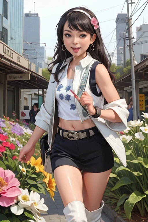 (I'm walking inside the intersection in front of the station:1.5)、(周りにはBeautiful womanがたくさんいる:1.2)、 Japanese、Beautiful woman、 she is a very stylish and cute 25-year-old woman 、 posing nicely like a fashion model 、(Cluttered, heavy makeup :1.5)、 pretty smile looking at camera 、( light brown long hair:1.2)、 slimmer body in a building、Saggy and saggy tits 、(A scarf with a beautiful pattern :1.2)、( wear a tank top with a beautiful floral pattern and micro mini panties:1.5)、(Wears a white collared jacket :1.5)、( Chanel shoulder bag and Hermès shopping bag:1.2)、( owns luxury brand items such as Louis Vuitton totes:1.2)、( cute hair accessories and large earrings :1.2)、(Belly button piercing、I have a thin waist belt 、I have a beautiful scarf 、Luxury Necklace、Thin belt、 black knee-high boots:1.3)、Open mouth,(((((cum in mouth 1.5)))))