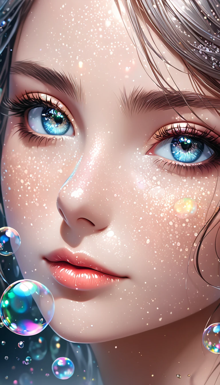  beautiful woman with seductive eyes ,  portrait,  Shading Effects ,  Gradient Magic Effects , Glitter Effect, soap bubble effect ,  misty filter effect, (  super detailed , absolutely resolution,  best quality:1.3), 2.5D, Delicate and dynamic ,  artistic pictures , hyper realistic,  graphic CG digital art , 