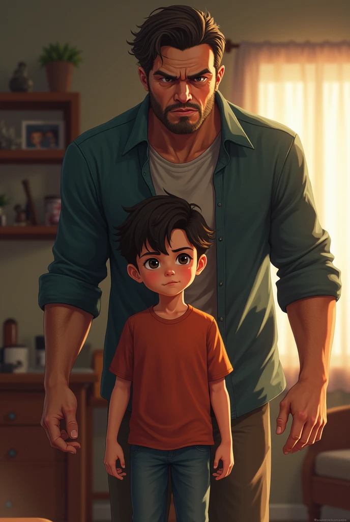 A father looking with curiosity, emphasizing of facial expressions, (curious expression), (expressive eyes), (engaging smile), (intense gaze), (detailed facial features), (genuine interest), (bright eyes), (loving expression), (deep connection between father and son), (bonding moment), [light-hearted], [playful atmosphere], (warm interaction), (affectionate glance), (fatherly love), (emotionally engaged), (care and guidance), (captivating eyes)