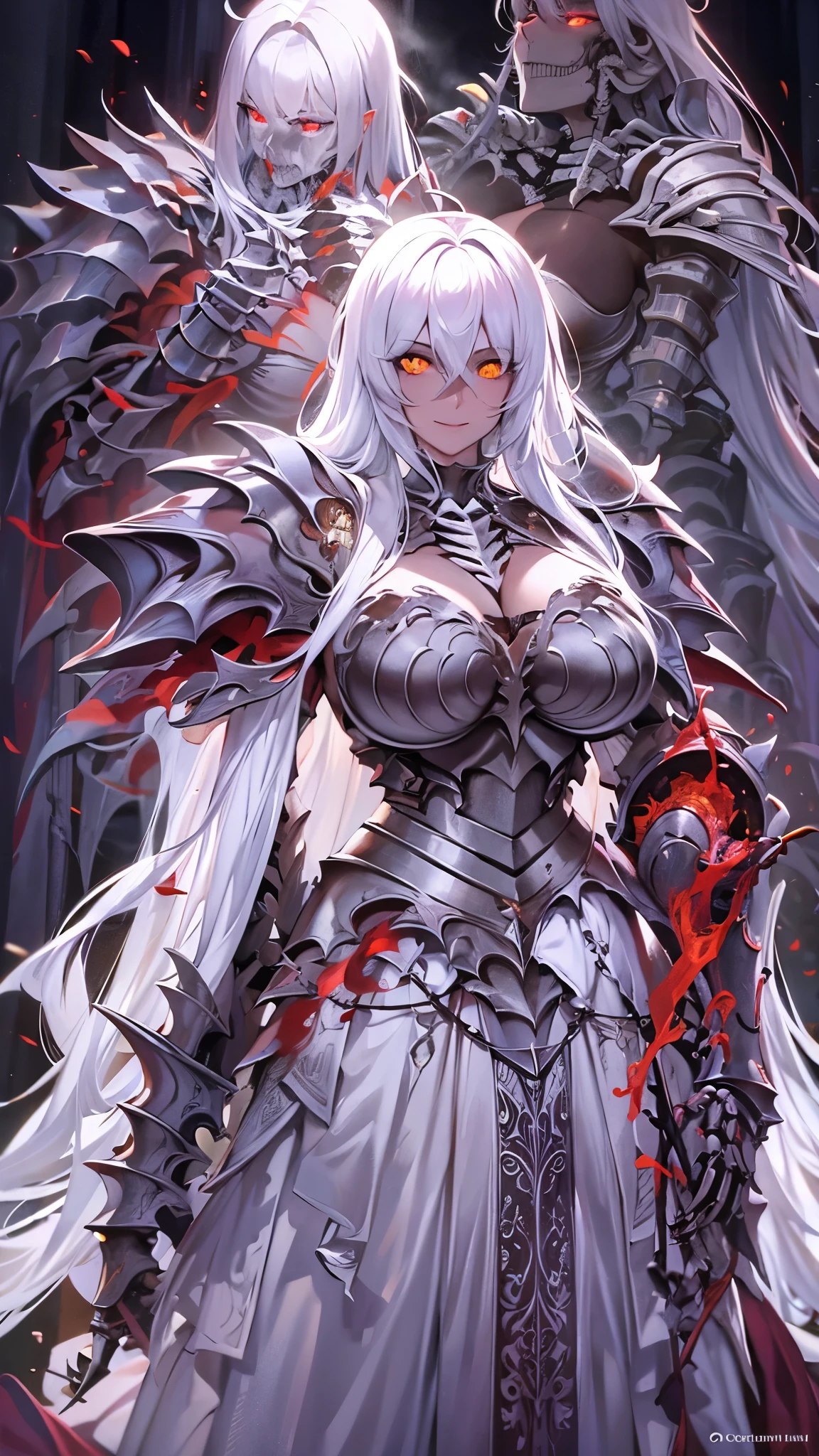 1girl,solo,long hair,white hair color,Jet-black eyes color,lip,super huge breasts,Jet-black armor,breasts restrained by armor,fall into darkness,darkness knight,dark sword,burst into flames,dark flame,blue flame,dark castle back ground,