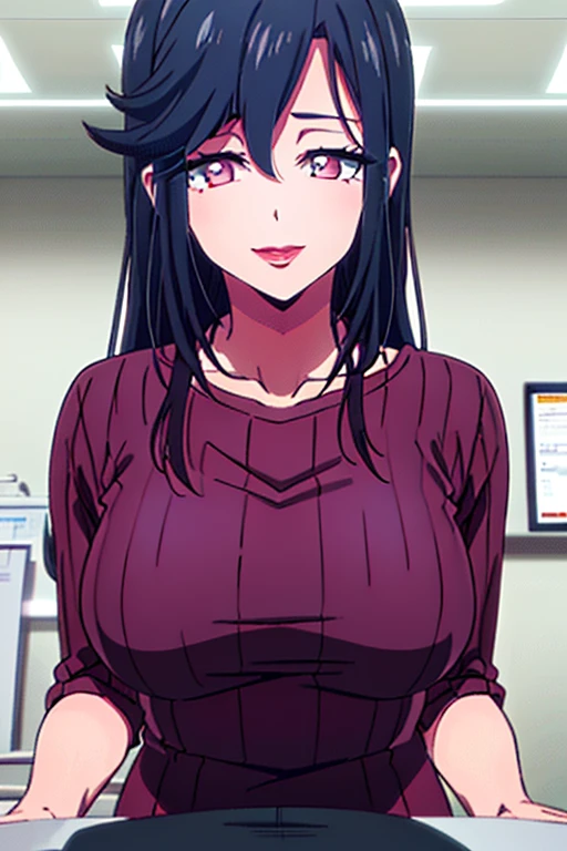 Saori ,long hair,Saori,black hair,(Pink Eyes),A delicate smile,hair between eyes,lipstick,lips,(Sparkling red ribbed sweater:1.1),Sparkling black skirt,( Big Breasts :1.55),(Sparkling,hair),((Alone)),((masterpiece)),((  best quality)),perfect anatomy,  Slim Waist  , Perfect photo,  8K HD Streaming ,(  beautiful detailed eyes:1.5),  detailed face in pale blue underwear putting hands on the viewer's forehead,  standing ,(  upper body:1.25),(  front desk at the small clinic :1.5),  super detailed,  absurd,ultra-highres,  office room,indoor,Pat viewers on the head