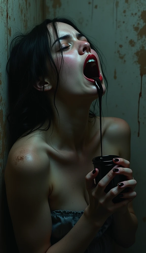 Undead sinner on her knees sucks demon's cock, forced oral sex, (mouth rape:1.3), Sexual violence, hand on her head holding her hair, (traces of beatings on her body:1.2), torn clothes, Sexual slavery, hellish torment