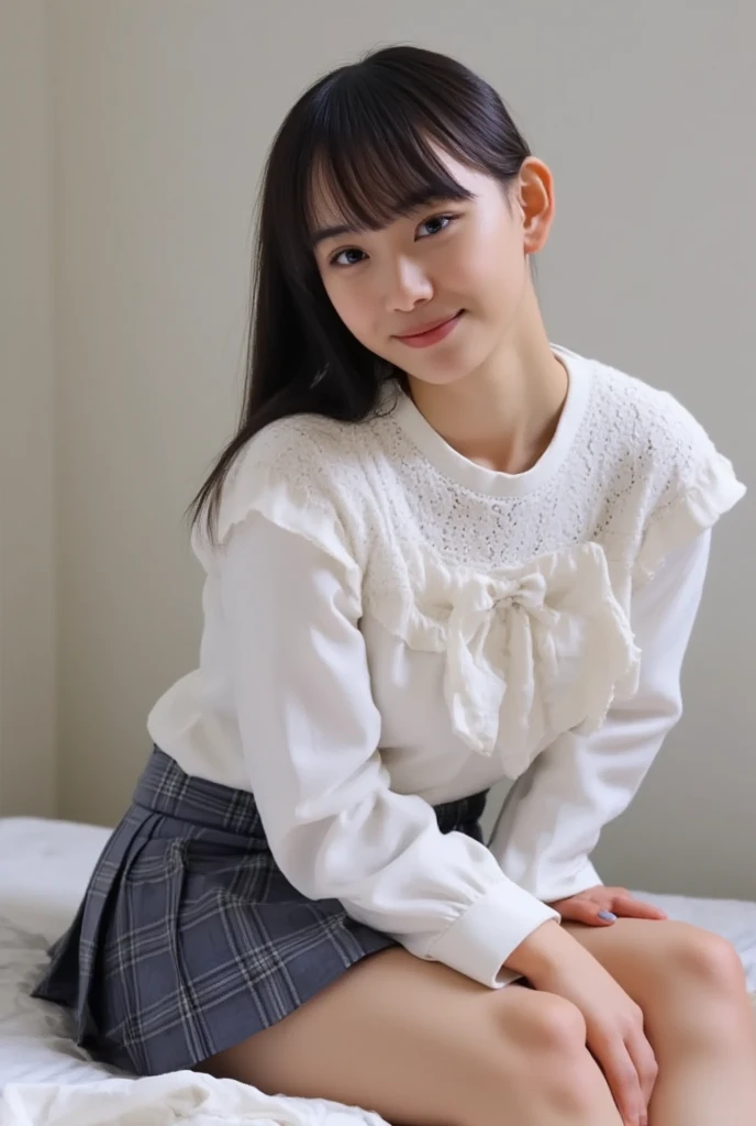 Alone、 I'm fascinated by my natural figure 、 white skin、  natural makeup、 black hair、bangs、 Straight Long Hair 、、(expensive  、barefoot、 white blouse 、 blue plaid pleated skirt)、、( legs:1.3)、((The upper body is wearing a uniform))、((((( Looking at Camera )))))、(((whole body)))、((( thigh)))、bedroom、 on the bed、 is sitting、(( focuses on crotch))