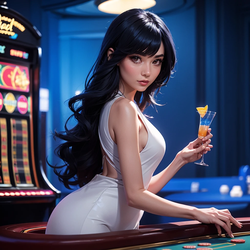 Create an image of a beautiful Asian woman standing confidently in a luxurious casino, with a vibrant blue background. She has long, flowing black hair and is wearing a sleek, silver cocktail dress that sparkles under the soft lighting. The blue backdrop is rich and dynamic, with shades of deep navy and electric blue, giving a sense of elegance and mystery. The atmosphere is filled with a glowing, modern touch—blue neon lights accentuate the casino’s luxurious features. The woman stands near a roulette table, holding a stack of chips in one hand, her expression confident and charming, as she prepares to make her next move.