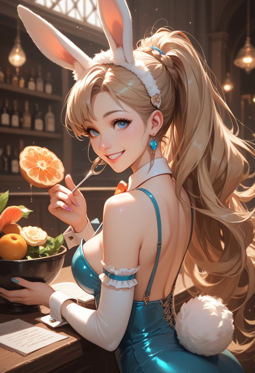 Top quality, ultra-realistic and highly detailed colors, fine details, delicate lines, the beautiful woman has incredibly large saggy breasts, a tight waist, a super beautiful woman, no frame splitting,A super red high-cut leotard with a white round fluffy tail, a rabbit ear headband, a white brim, a silver tray on her palm facing the ceiling with stylish glass cups of tropical drinks on it, a high-end night bar with a relaxed atmosphere,