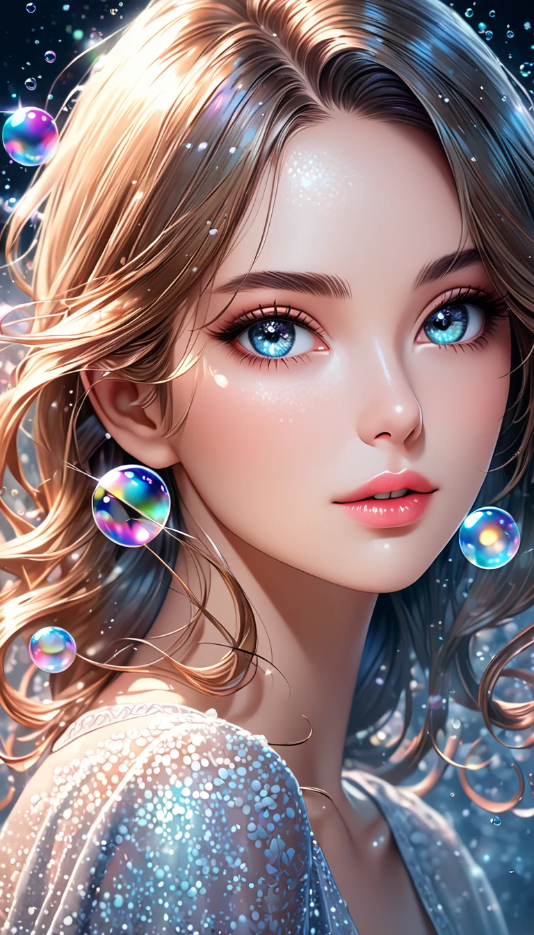  beautiful woman with seductive eyes ,  portrait,  Shading Effects ,  Gradient Magic Effects , Glitter Effect, soap bubble effect ,  misty filter effect, (  super detailed , absolutely resolution,  best quality:1.3), 2.5D, Delicate and dynamic ,  artistic pictures , hyper realistic,  graphic CG digital art , 