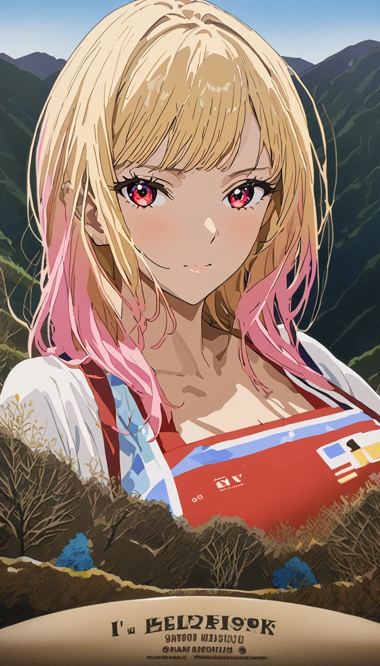 ( best quality:1.2,  Anime Artwork,  Very detailed,  high detail, Digital coloring,  high contrast , masterpiece:1.2,  best quality,  best aesthetics), (((Kitagawa Marin,  1 girl))),  blonde hair , Straight hair ,  Pink Gradient Hair, red eyes,  I'm ashamed, Lying on your back, Hotel,Big Breasts、Red underwear,  red bra,  nipples visible ,((2 Fingers , 指でvalleyを広げている,valley, valleyを見せている)), Kitakawa Kaiumi