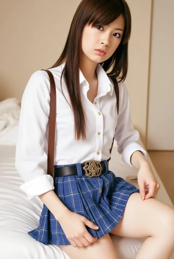 Alone、 I'm fascinated by my natural figure 、 white skin、  natural makeup、 black hair、bangs、 Straight Long Hair 、、(expensive  、barefoot、 white blouse 、 blue plaid pleated skirt)、、( legs:1.3)、((The upper body is wearing a uniform))、((((( Looking at Camera )))))、(((whole body)))、((( thigh)))、bedroom、 on the bed、 is sitting、(( focuses on crotch))