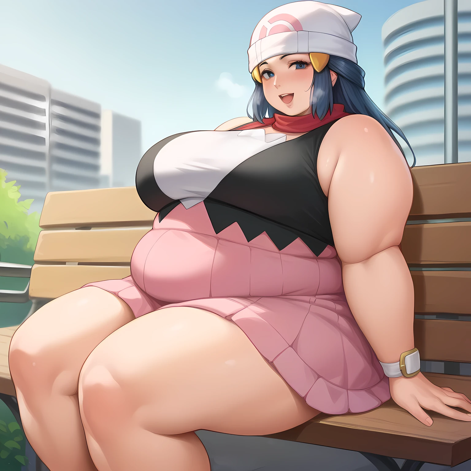 portrait of a woman in the style Sciamano240, dawn_\(pokemon\), long blue hair, bright blue eyes, large breasts, pink skirt, no beanie, no hat, slim body, thin legs, city, sitting on bench, happy, crossed legs, horny, teasing face, fat, chubby, obese, gigantic arms and legs, large breasts open mouth, out of breath
