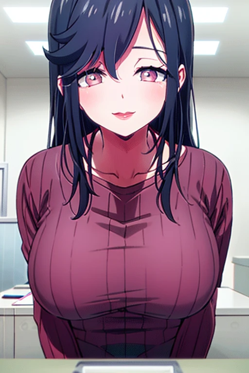 Saori ,long hair,Saori,black hair,(Pink Eyes),A delicate smile,hair between eyes,lipstick,lips,(Sparkling red ribbed sweater:1.1),Sparkling black skirt,( Big Breasts :1.55),(Sparkling,hair),((Alone)),((masterpiece)),((  best quality)),perfect anatomy,  Slim Waist  , Perfect photo,  8K HD Streaming ,(  beautiful detailed eyes:1.5),  detailed face in pale blue underwear putting hands on the viewer's forehead,  standing ,(  upper body:1.25),(  front desk at the small clinic :1.5),  super detailed,  absurd,ultra-highres, Room,indoor,Pat viewers on the head,