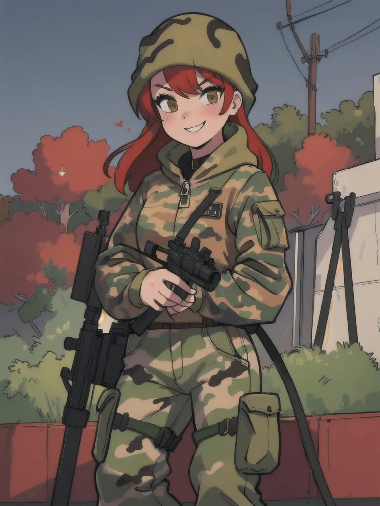 girl with smile and red hair, with a camouflage jacket, camouflage balaclava, camouflage pants and army boots.