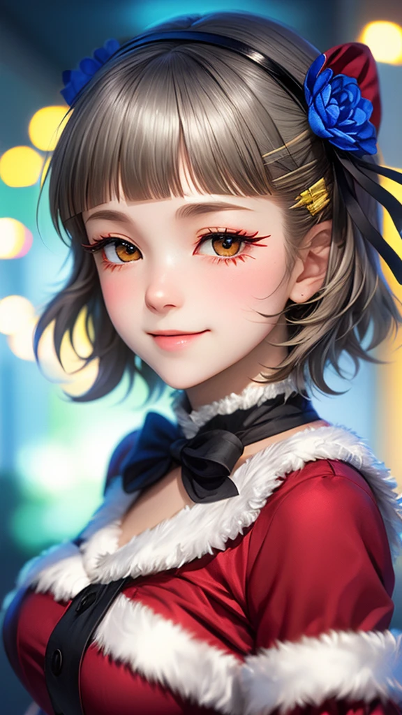 (((solo))), 1 woman, LOVELIVE! Sakuya Kurobane, sakuyaunif, kurobane_sakuya, short hair, grey hair, black hairband, blue hair flower, brown eyes, red eyeliner, chest, blush, smile, (upper body), santa claus