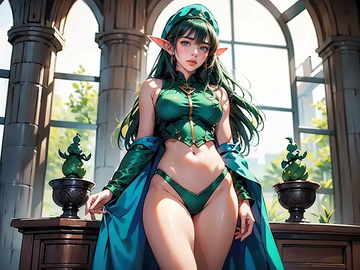 Master piece, girl with green hair and a green hat standing in a room, splash art, style artgerm, elf girl, range murata and artgerm, artgerm lau, vivy, style of artgerm, style league of legends, ruan jia and artgerm, artgerm style, ! dream artgerm