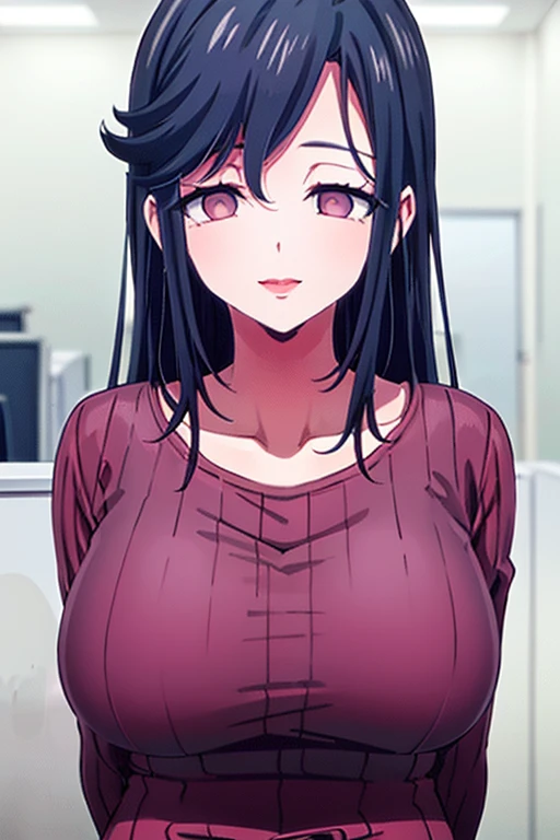 Saori ,long hair,Saori,black hair,(Pink Eyes),A delicate smile,hair between eyes,lipstick,lips,(Sparkling red ribbed sweater:1.1),Sparkling black skirt,( Big Breasts :1.55),(Sparkling,hair),((Alone)),((masterpiece)),((  best quality)),perfect anatomy,  Slim Waist  , Perfect photo,  8K HD Streaming ,(  beautiful detailed eyes:1.5),  detailed face in pale blue underwear putting hands on the viewer's forehead ,(  upper body:1.25),(  front desk at the small clinic :1.5),  super detailed,  absurd,ultra-highres, Room,indoor,In bed