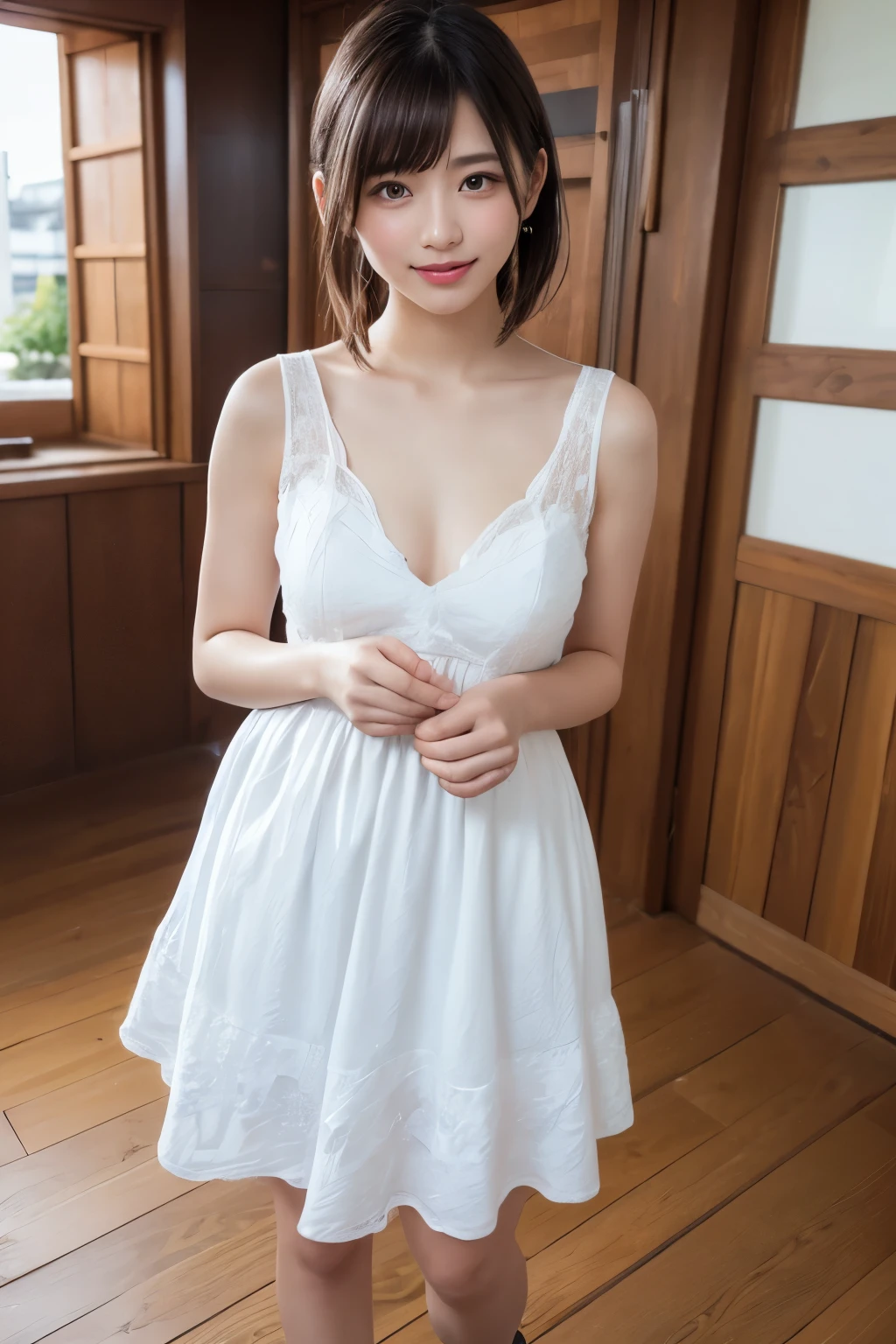 ((((masterpiece、Highest quality、High resolution、Tabletop、wallpaper、Realistic、Bright lighting、Professional Lighting、Face Light、Smooth lighting、Japanese women、Beautiful woman、action、gravure、sexly、so beautiful、Beautiful Skin、Beautiful and exquisite、Detailed face、slim、Looking into the camera、Cleavage))))、((Big Breasts:1.4))、((((japanese,20-years-old,One woman,outdoors,Looking into the camera,white night dress:1.5)))),smile,close mouth,Five perfect, beautiful fingers on each side