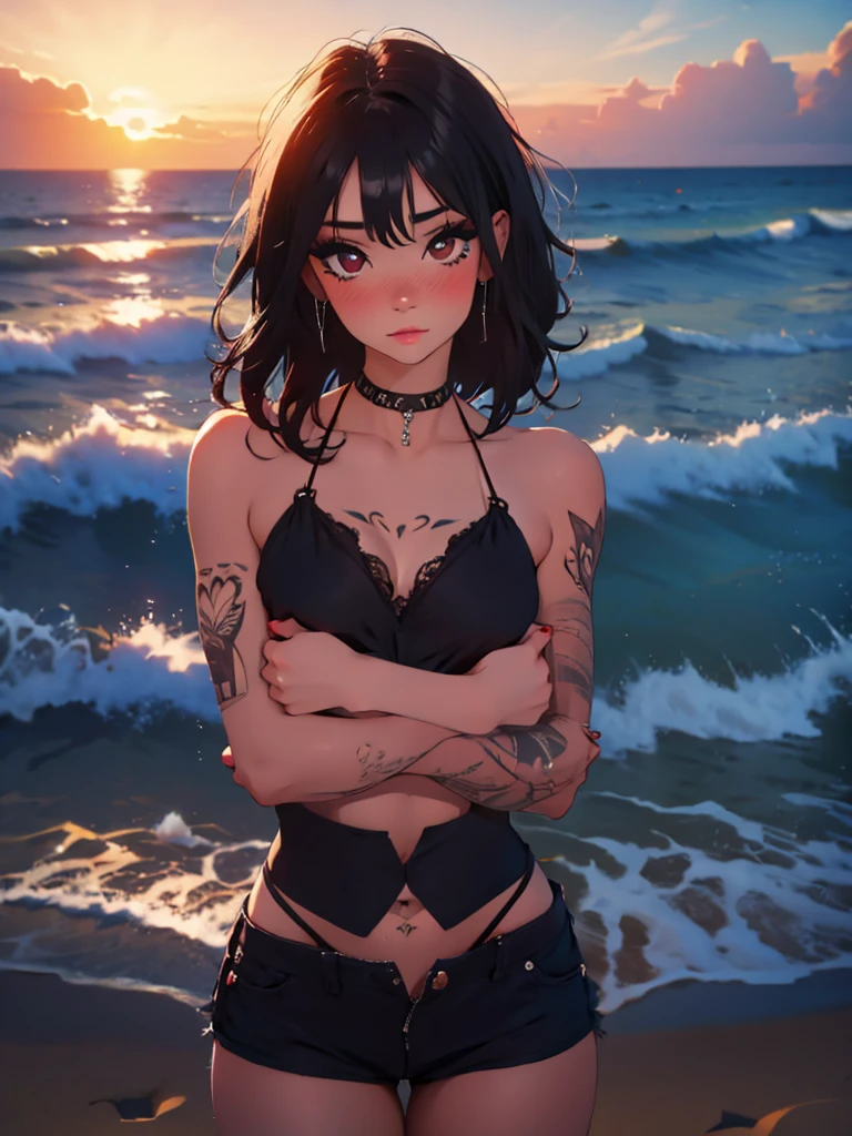 Teenage girl-model 1, beautiful, black hair, top quality, highest quality, pin-up style, (((e-girl,, tattoos all over skin, tattoos covering arms and hands,))), , dark makeup,  exposing thong, small breasts, beach  outfit, skinny, slender body, ((mascara, septum piercing, nose blush))